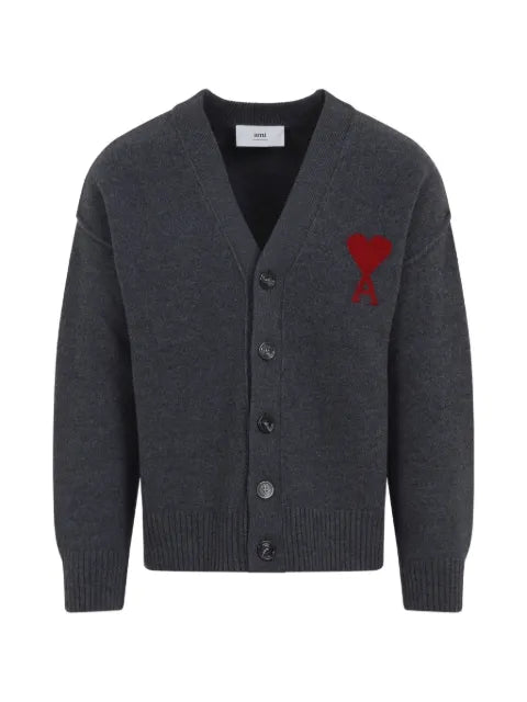 AMI Paris grey wool cardigan with Ami de Coeur