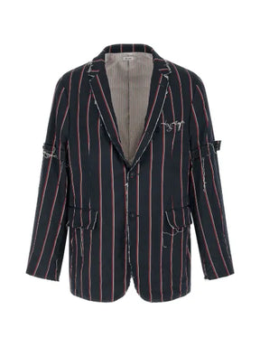 Thom Browne stripe Mogador sportcoat with armbands and fray edge