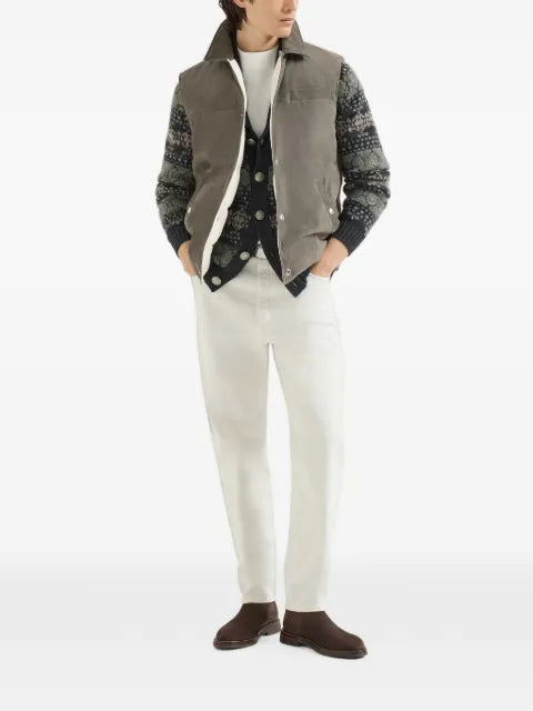 Brunello Cucinelli suede down vest with shirt-style collar