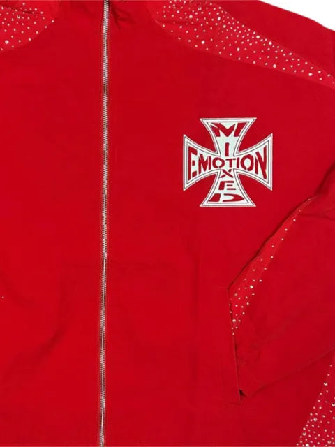 Mixed Emotion crystal-embellished logo-print jacket