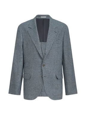 Brunello Cucinelli comfort wool and cashmere Prince of Wales flannel deconstructed blazer with metal buttons