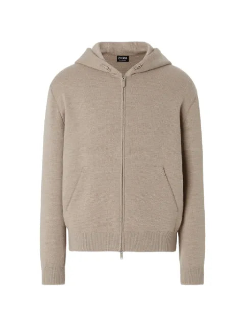 Zegna light taupe mélange cashmere and cotton full-zip hoodie