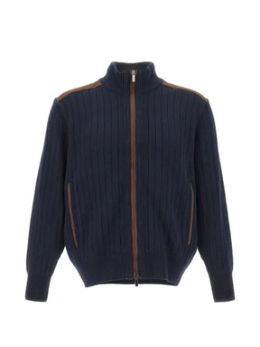 Paul & Shark ribbed-knit suede-panel cardigan