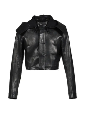 DET BLEV SENT cropped hooded leather jacket