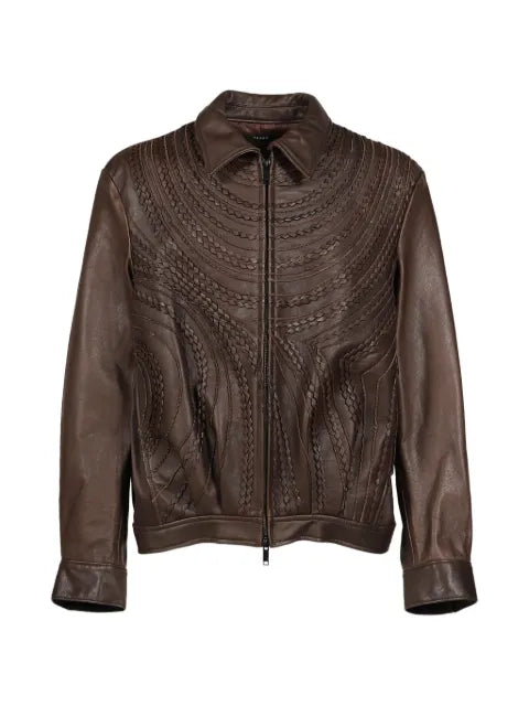 Taakk zip-up embroidered leather jacket