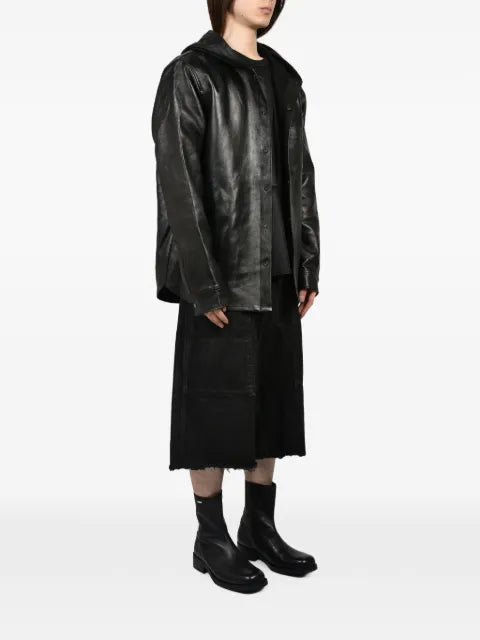 DET BLEV SENT leather hooded jacket