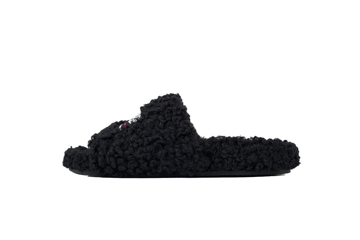 Balenciaga Coke Label Furry Slides Black 654747 W2DO1 1096 2