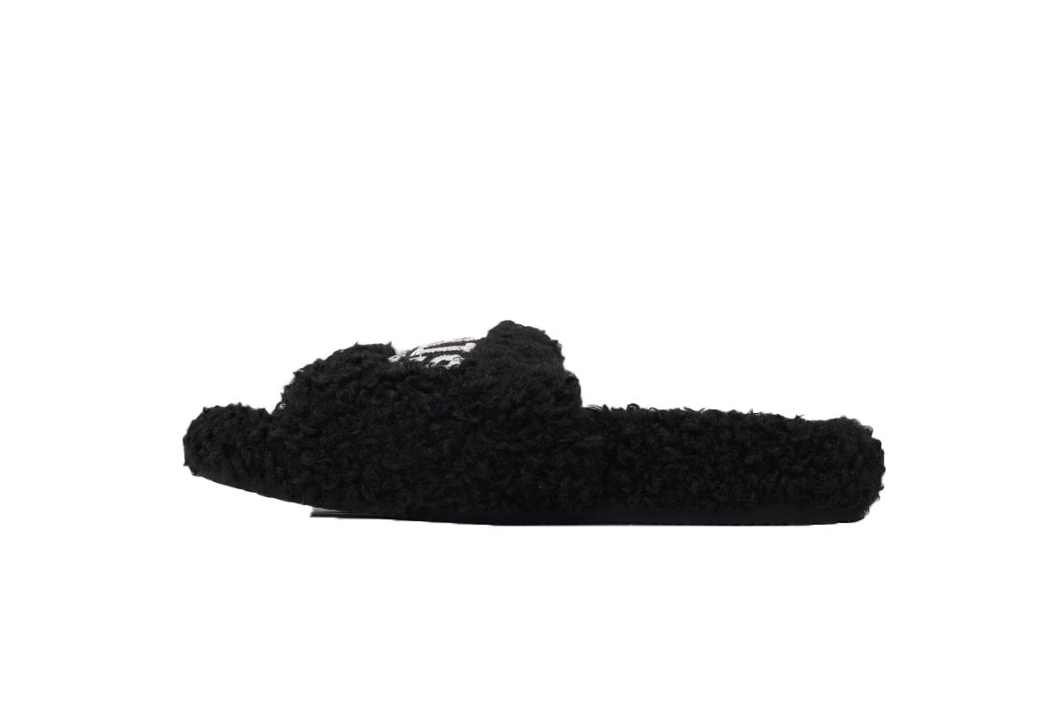 Balenciaga PARIS Label Furry Slides Black 654261 W2DO2 1001 2